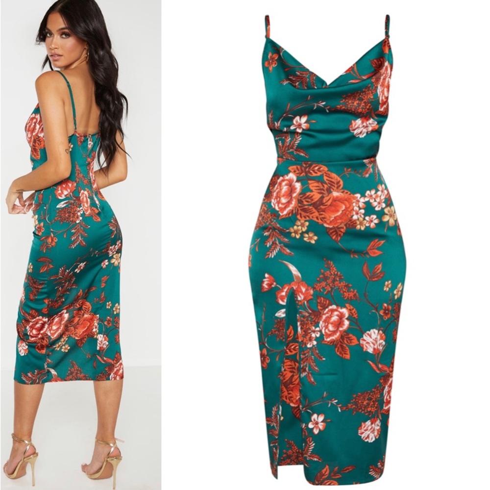 PrettyLittleThing Emerald Green Floral Strappy Satin Cowl Midi Dress